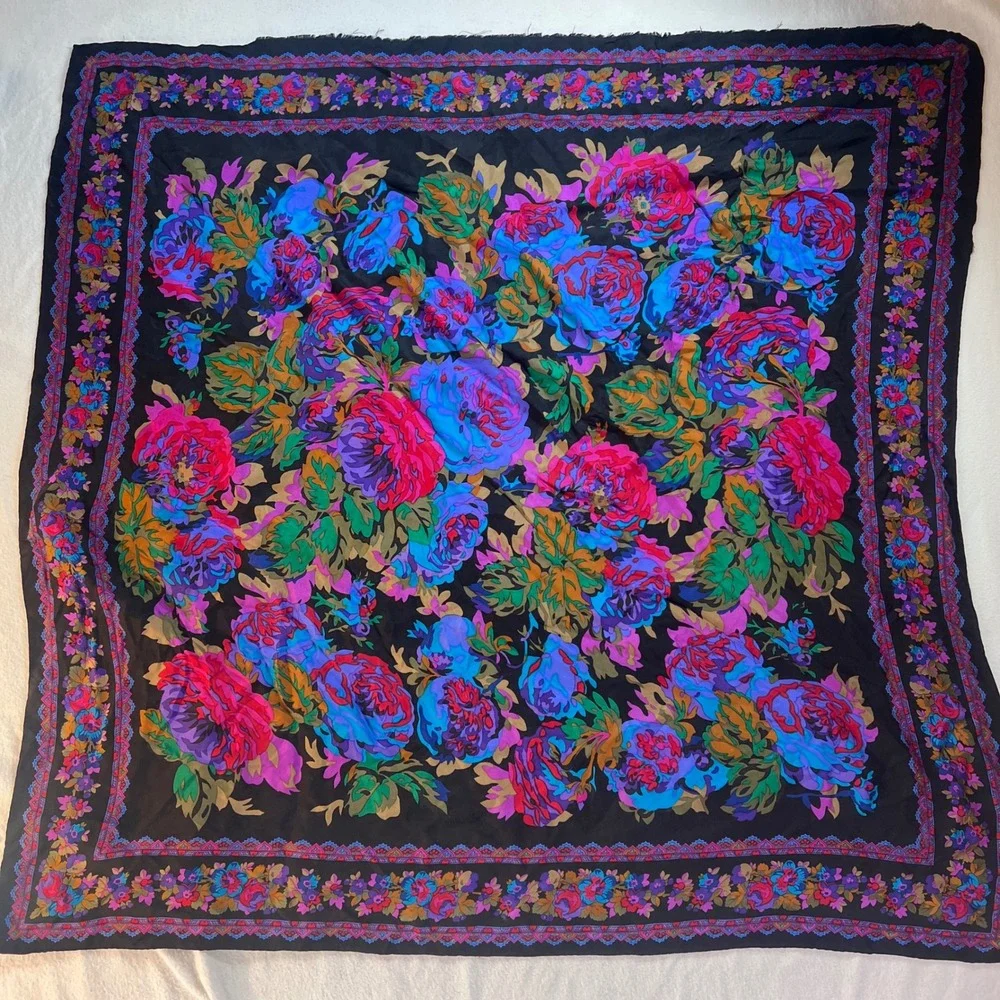 Vintage Floral Square Scarf Black Blue Pink Rose Print Large 34x34 Retro Shawl