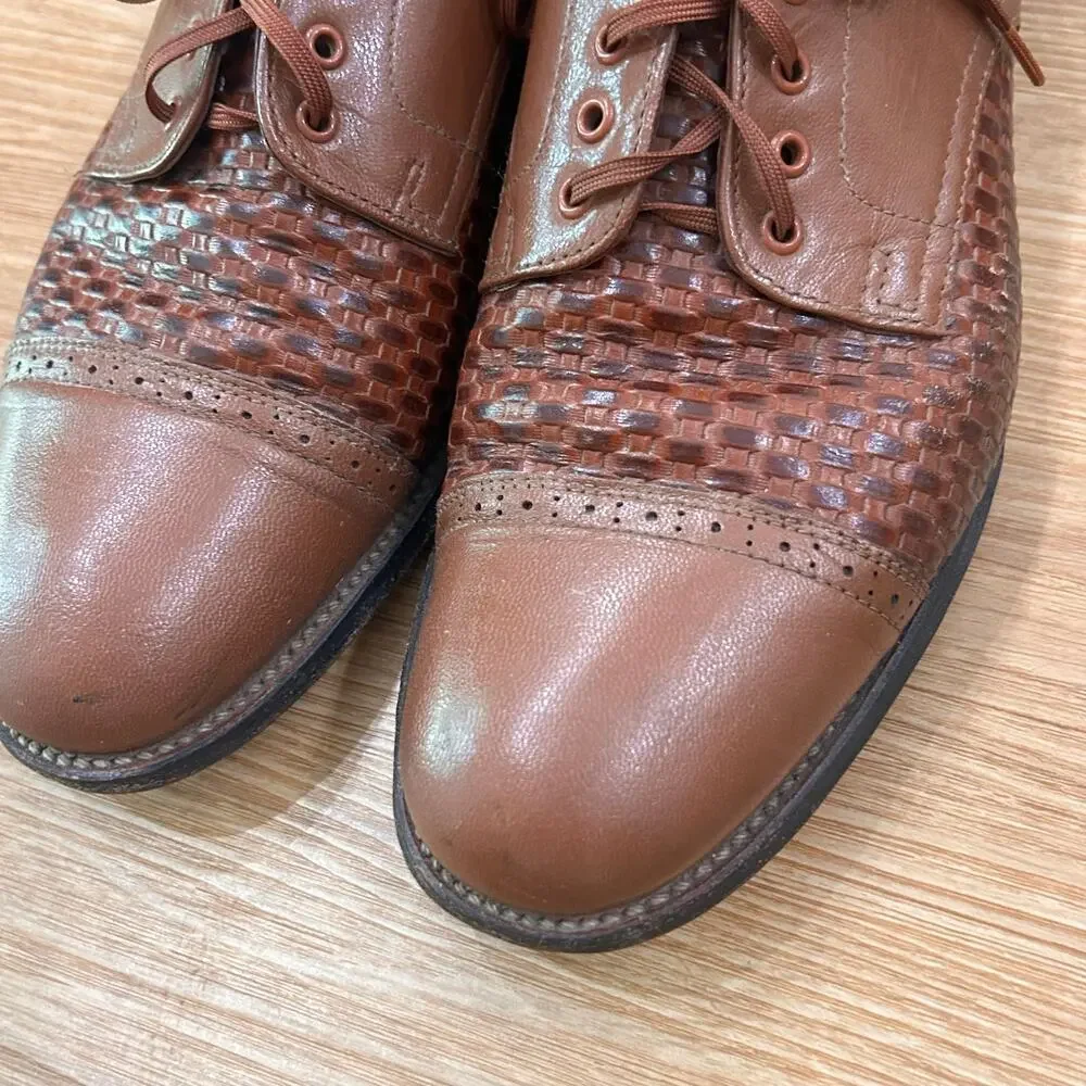 Stacy Adams Brown Leather Woven Cap Toe Oxfords Mens 9D Dress Shoes Vintage -