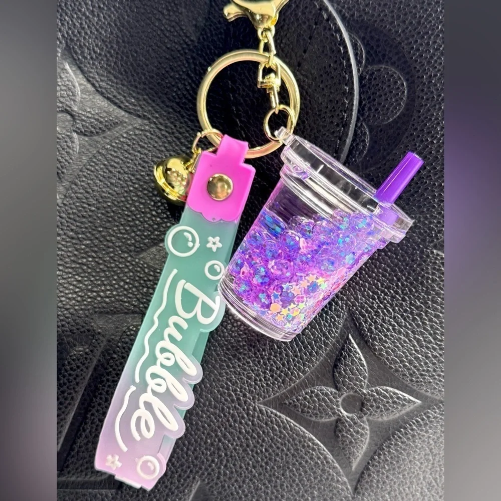 New Purple Glitter & Liquid Mini Drink Cup Purse Bag Charm Keychain - 6.5”