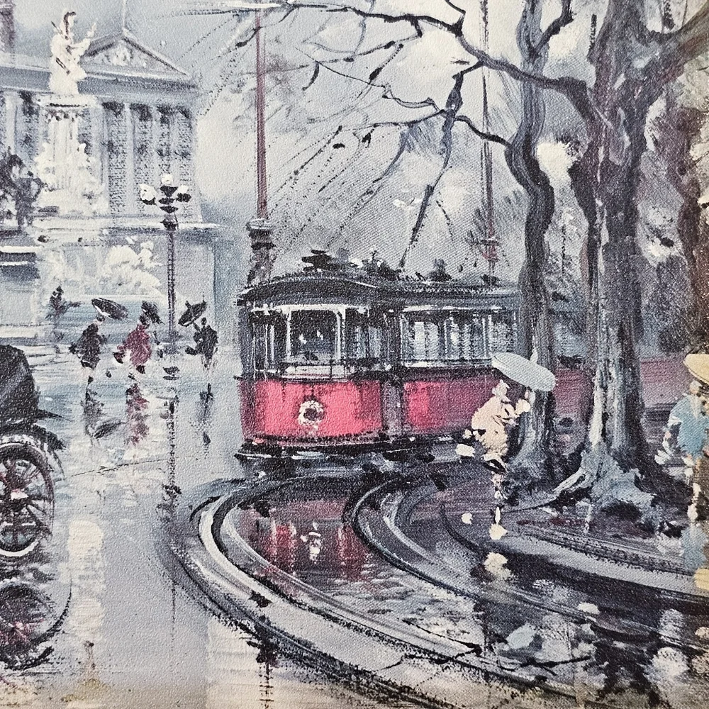 Vintage Maurice Legendre Vienna Street Scene Print Tram Horse Carriage Art