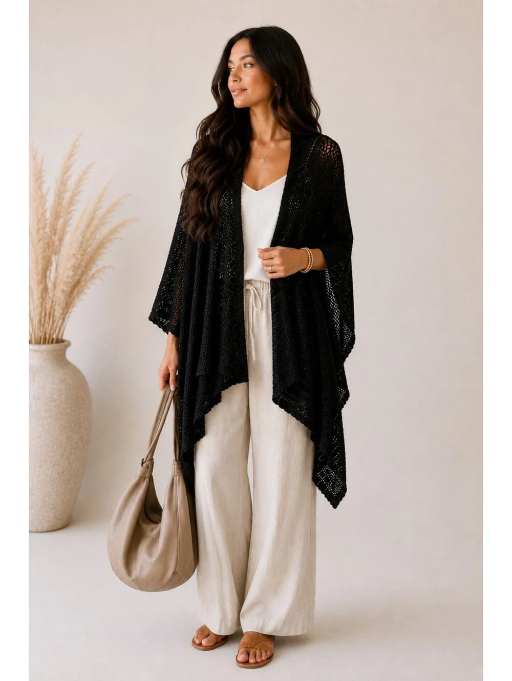 Coldwater Creek Black Open Knit Shawl Wrap One Size Boho Lagenlook Minimalist