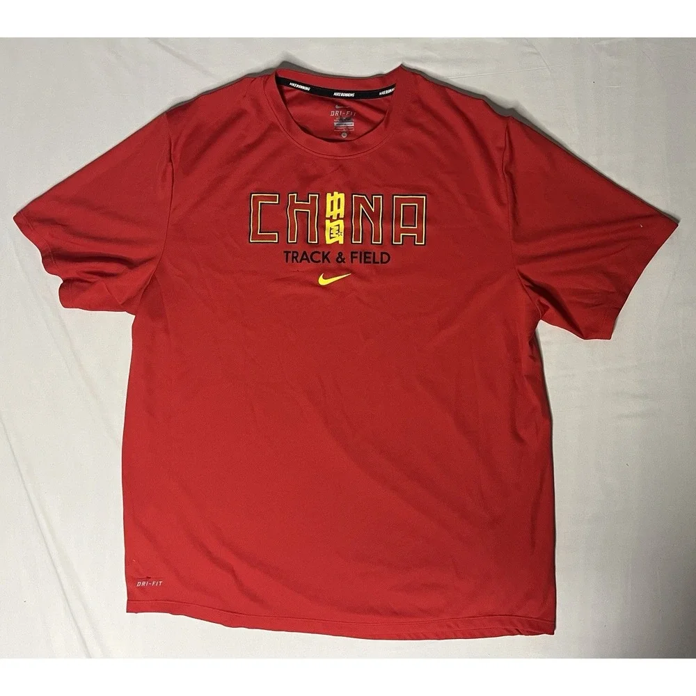 Nike Running Dri Fit China Track & Field T Shirt Men's Large Red Short Sleeve