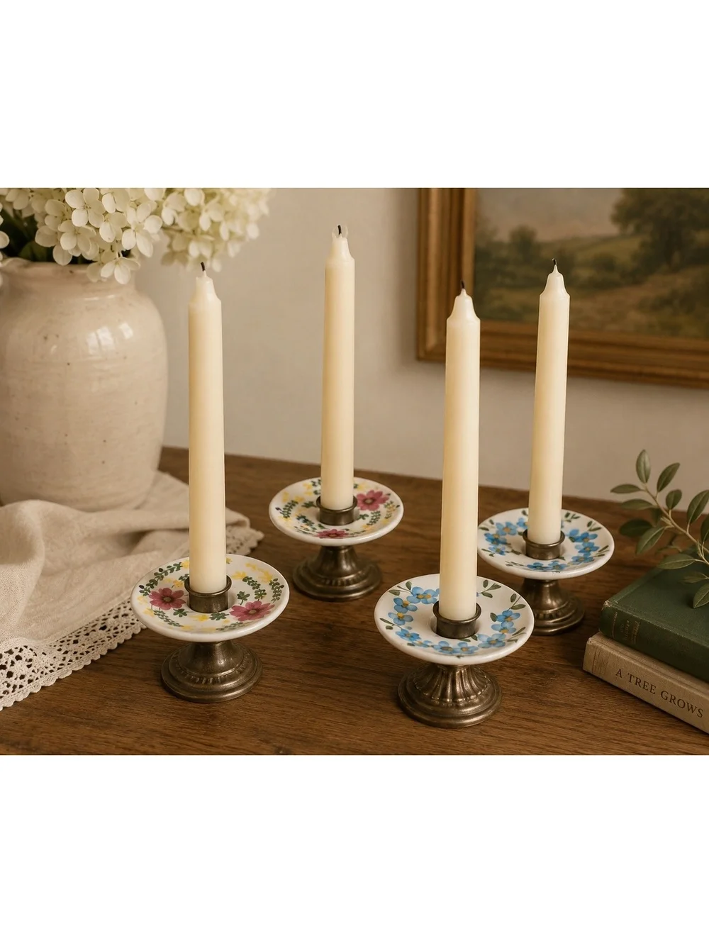 Vintage Hand Painted Ceramic Taper Candle Bobeches Set of 4 Floral Drip Catchers