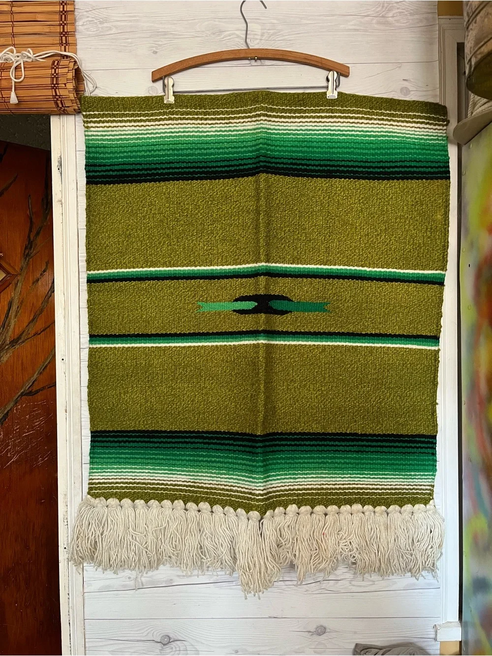 Vintage Mexican Serape Rug Blanket Southwest Wool Textile Red Boho Wall Hanging