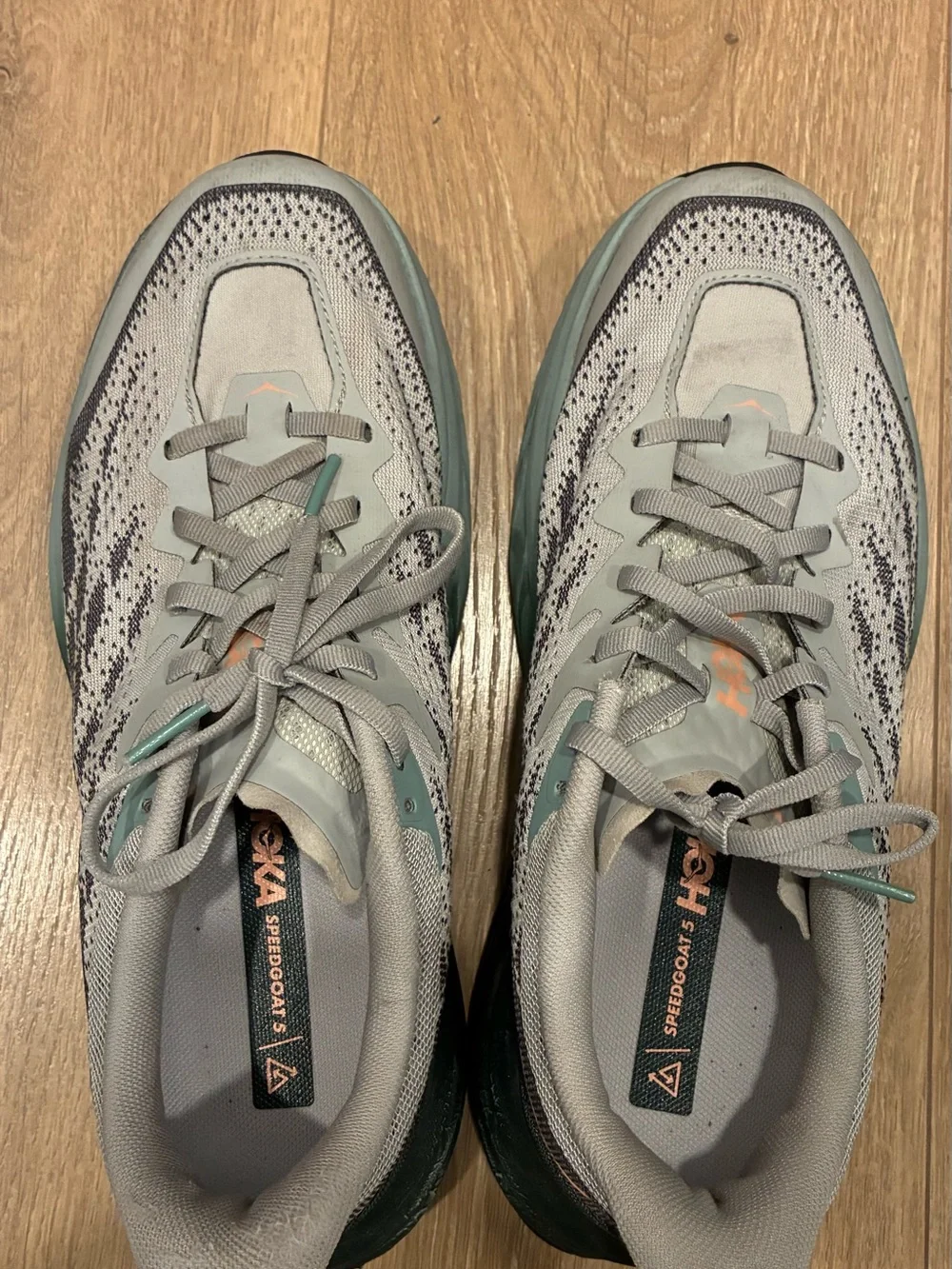 Hoka Speedgoat 5 Gray with Teal and Coral Accents
