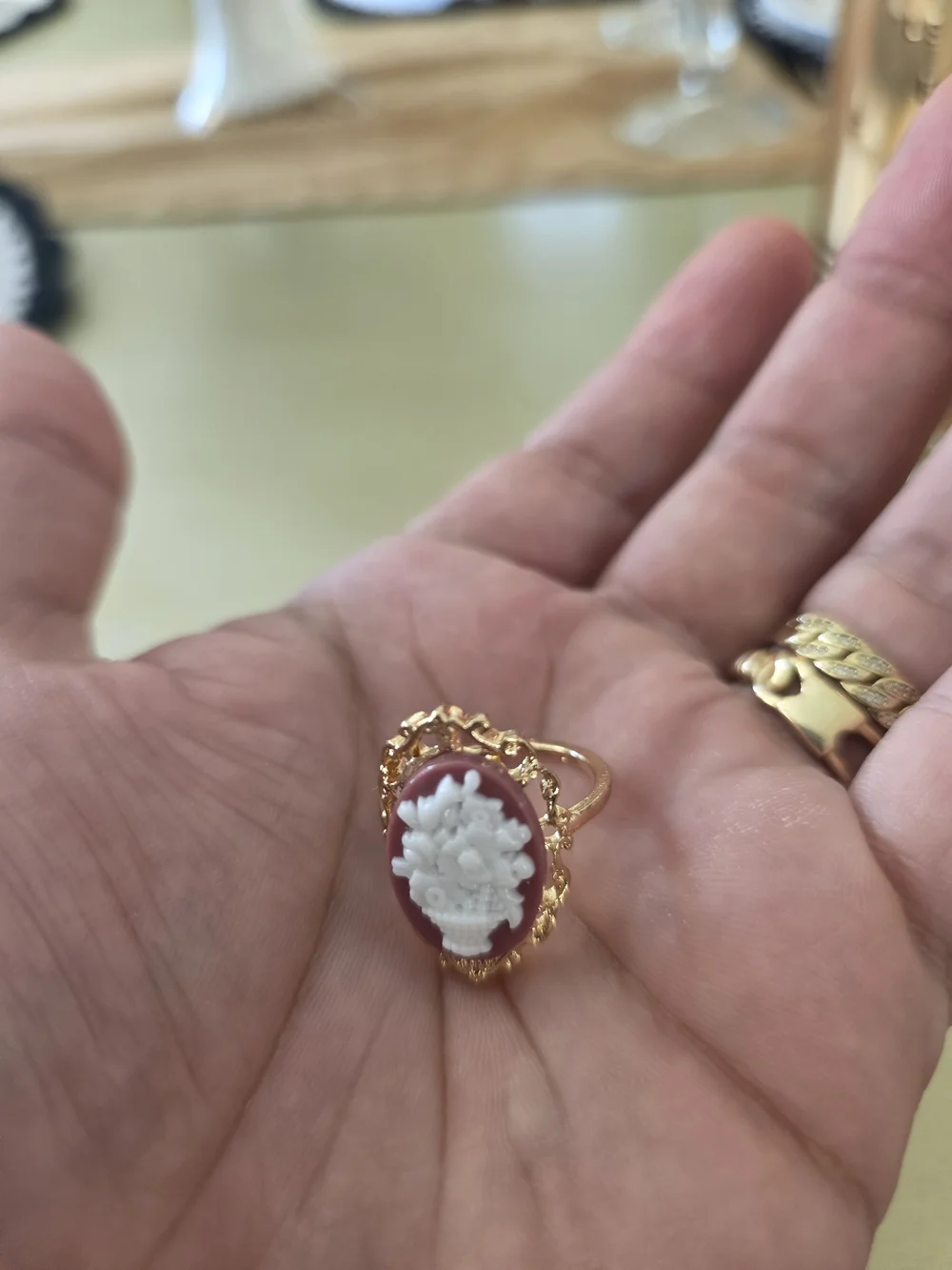 Gold-Tone Pink Cameo Ring with White Relief