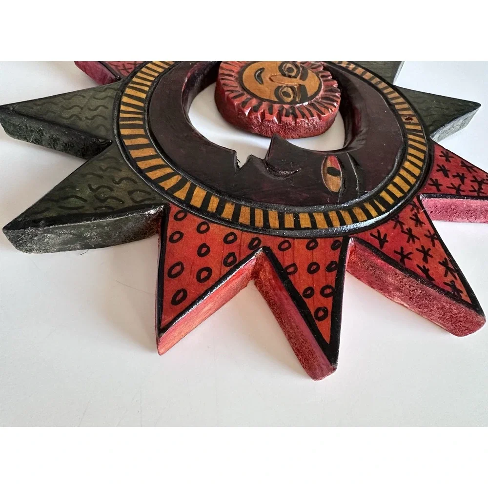 Hand Carved Celestial Sun Moon Wall Hanging Mexican Wood Folk Art Southwest Boho