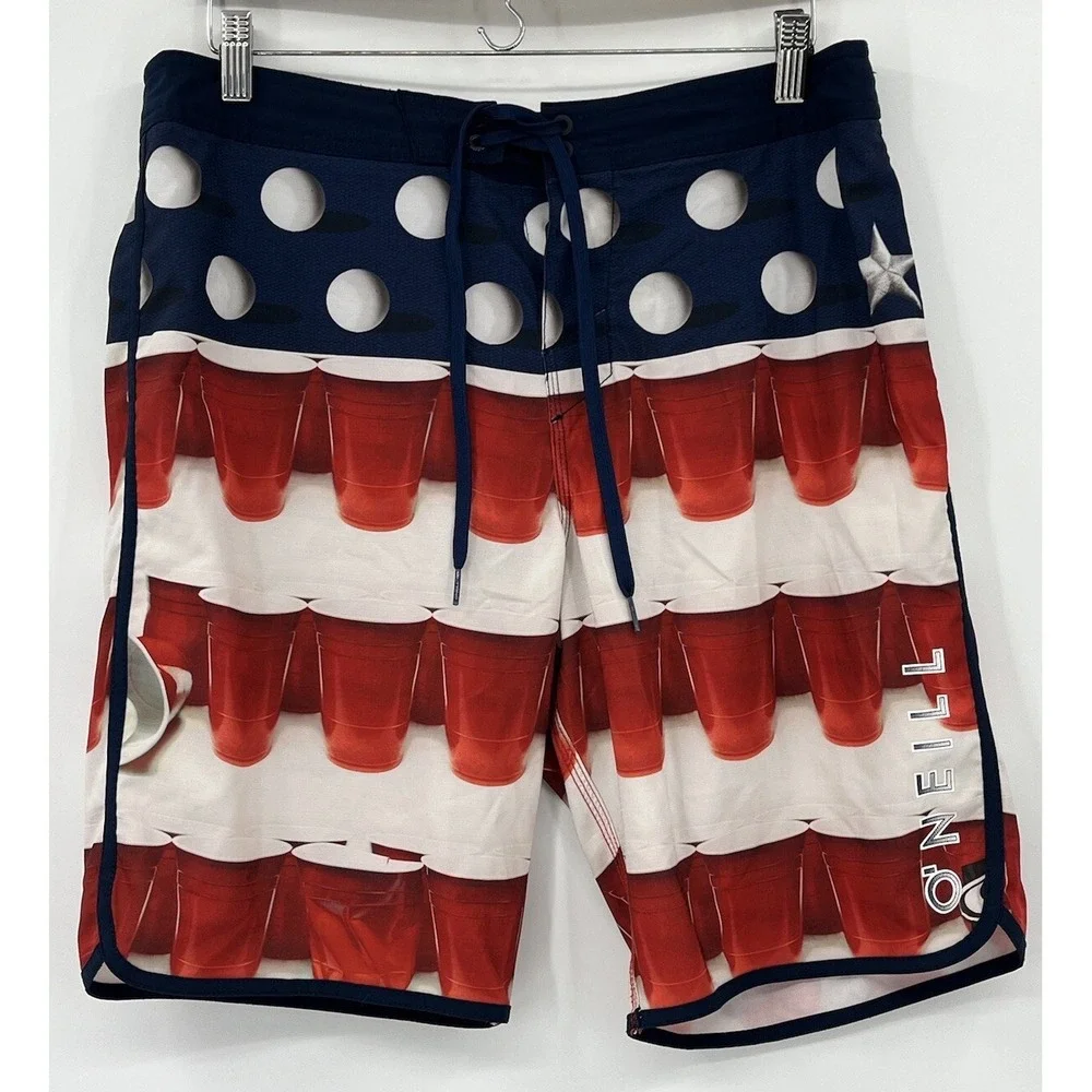 O'Neill Hyperfreak Red Solo Cup Beer Pong Board Shorts Swim Trunks 33 Measure 34