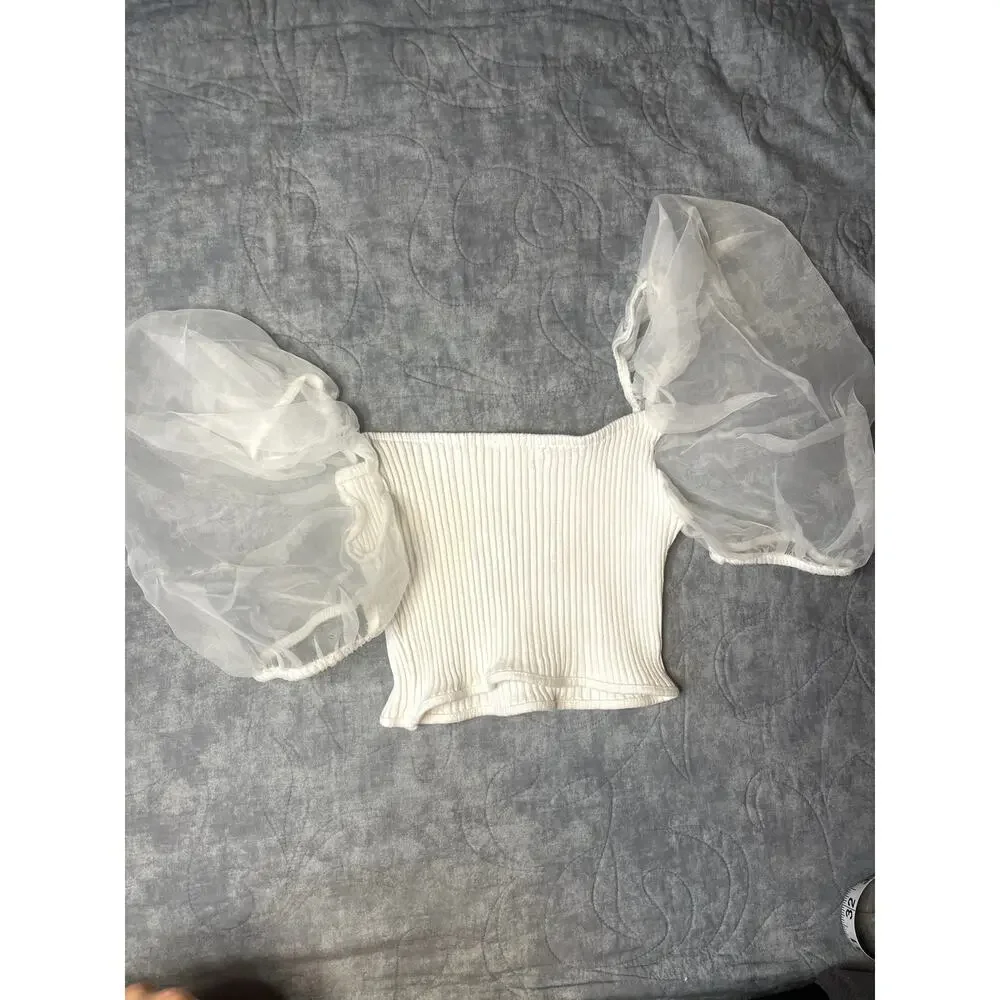 Zara White Ribbed Knit Organza Sheer Puff Sleeve Crop Top Blouse Size Small