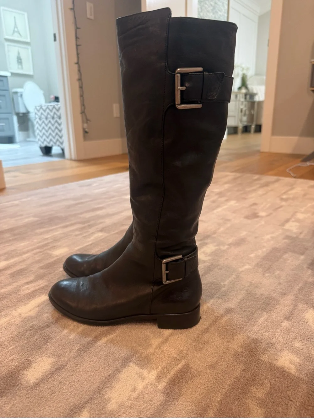 Via Spiga US 7M Classic Black Knee-High Leather Boots with Buckle Detail