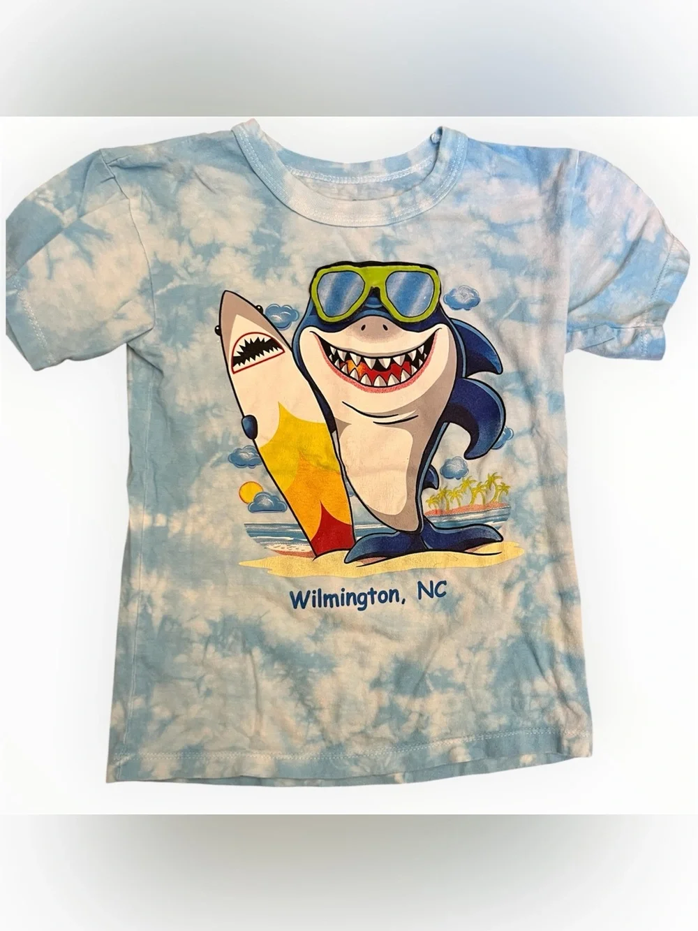 Kids Wilmington NC Tie-Dye Shark Graphic Tee | Blue Surf T-Shirt | Size Small