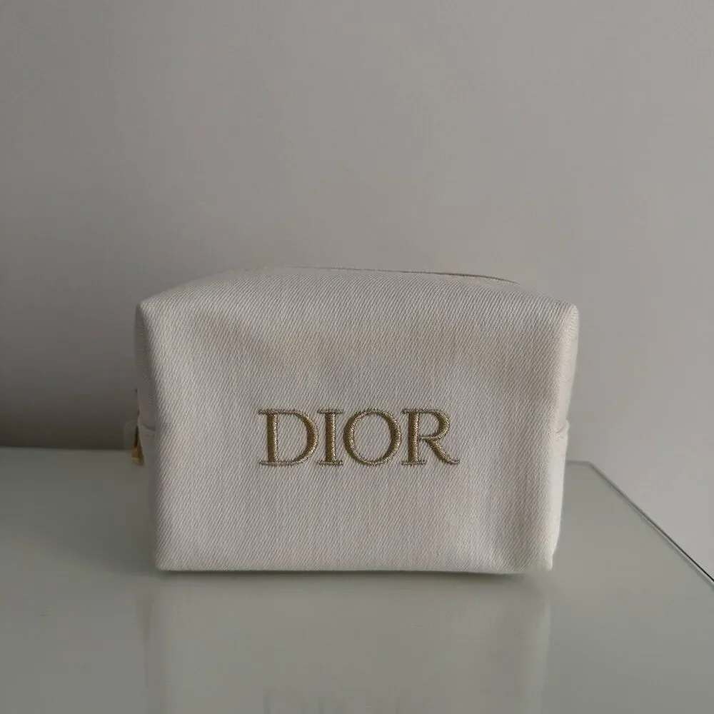 Dior Makeup Bag - white with gold embroidered logo