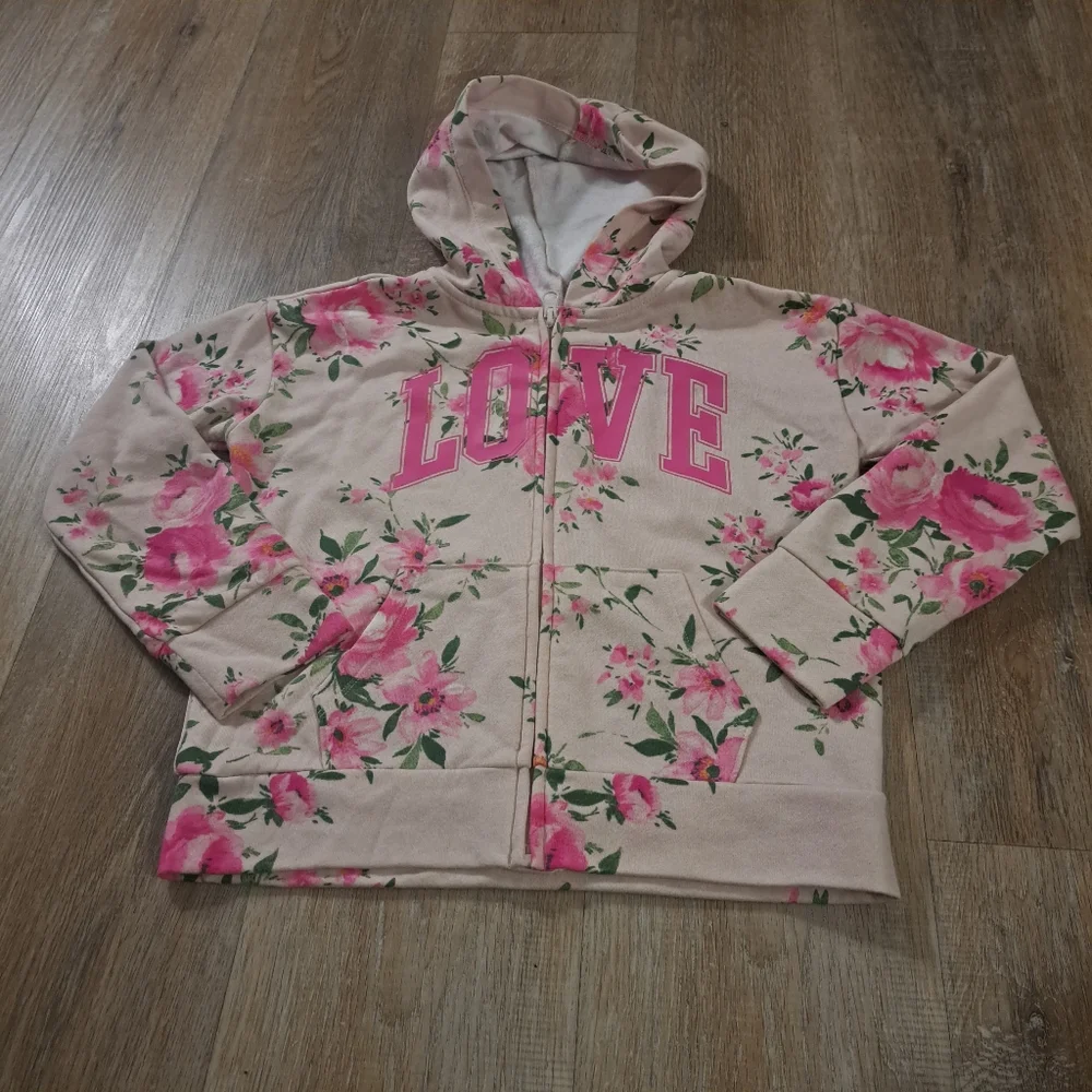 The Children's Place Kid's 'LOVE' Pink Floral Zip-up Hoodie Girl's Size 7/8 (M)