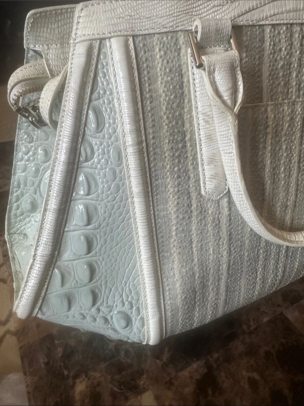 Brahmin Ivory Textured Tote with Embossed Trim