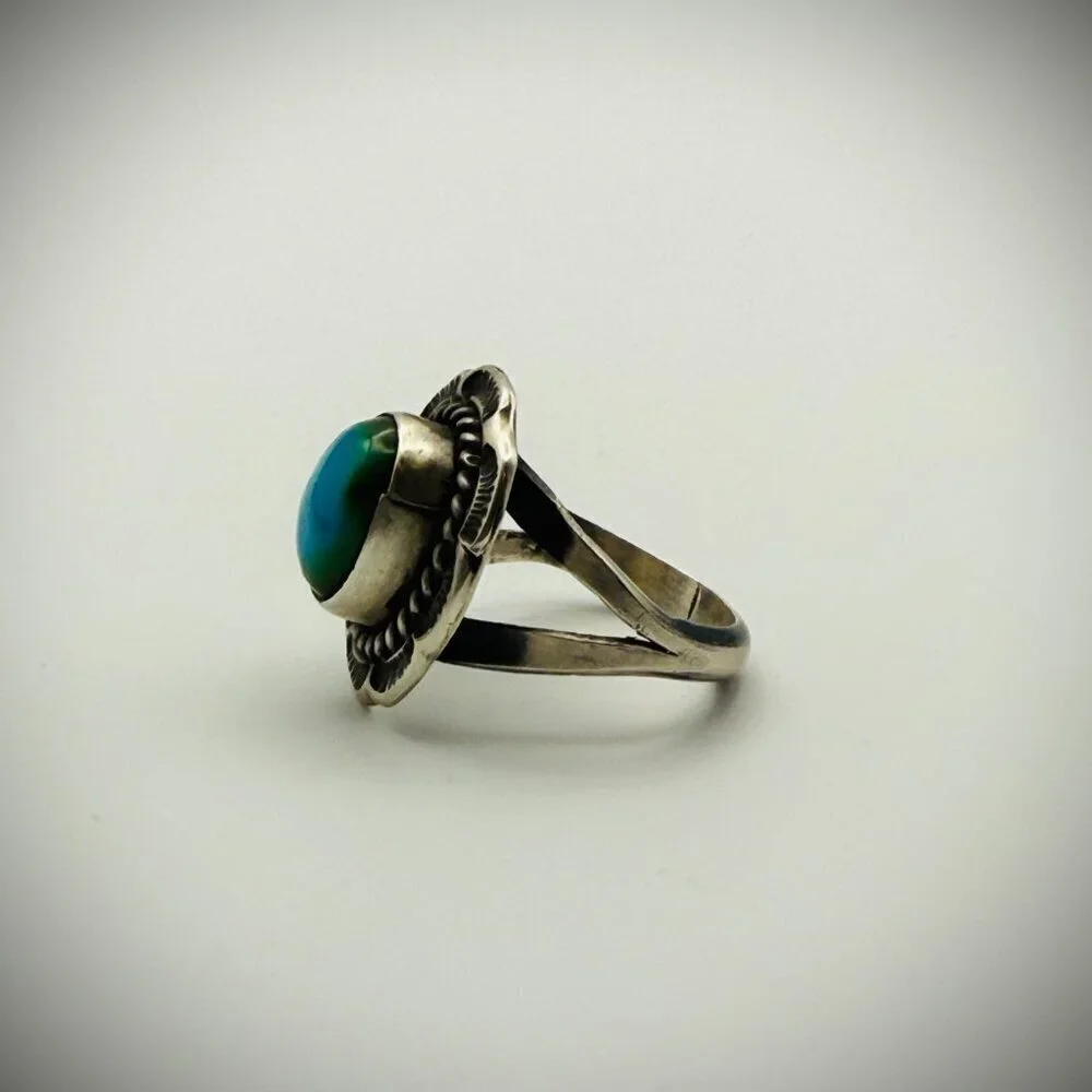 Navajo Sterling Turquoise Ring — Freda Martinez “F” Hallmark, Size 7.5