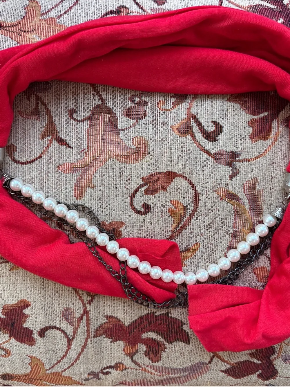 Red Fabric Scarf Necklace with Faux Pearl & Chain Accent