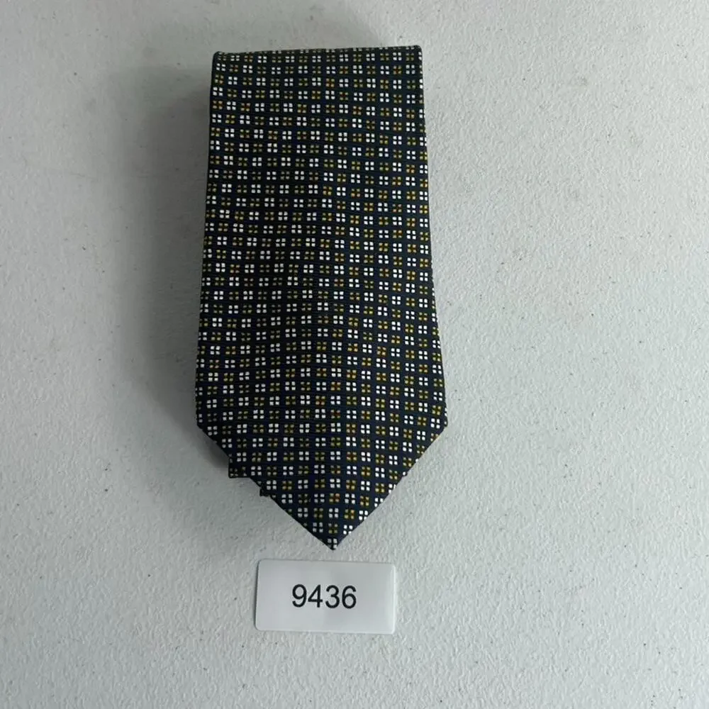 Lauren Ralph Lauren Men's Necktie Blue Yellow Geometric 100% Silk Hand Finished