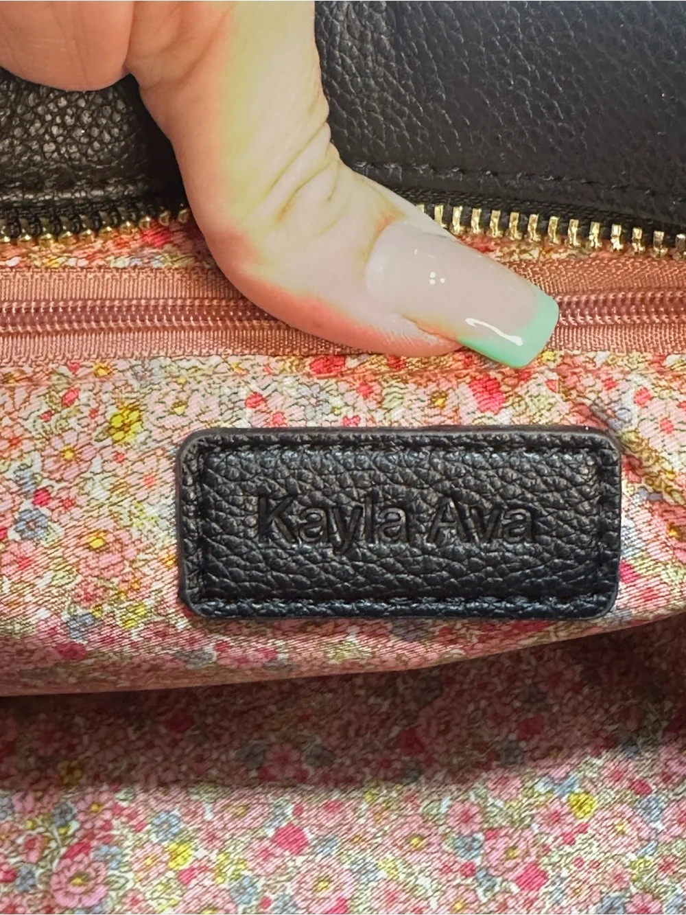Kayla Ava Black Faux Leather Satchel Crossbody Bag Gold Hardware Floral Lining