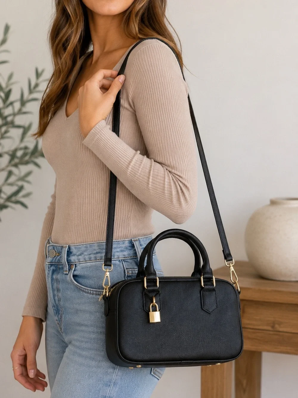 Kayla Ava Black Faux Leather Satchel Crossbody Bag Gold Hardware Floral Lining