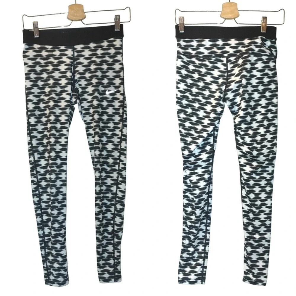 NIKE Women 28 Full Length Printed Running Tights 777408 Black White‎ 010 Small
