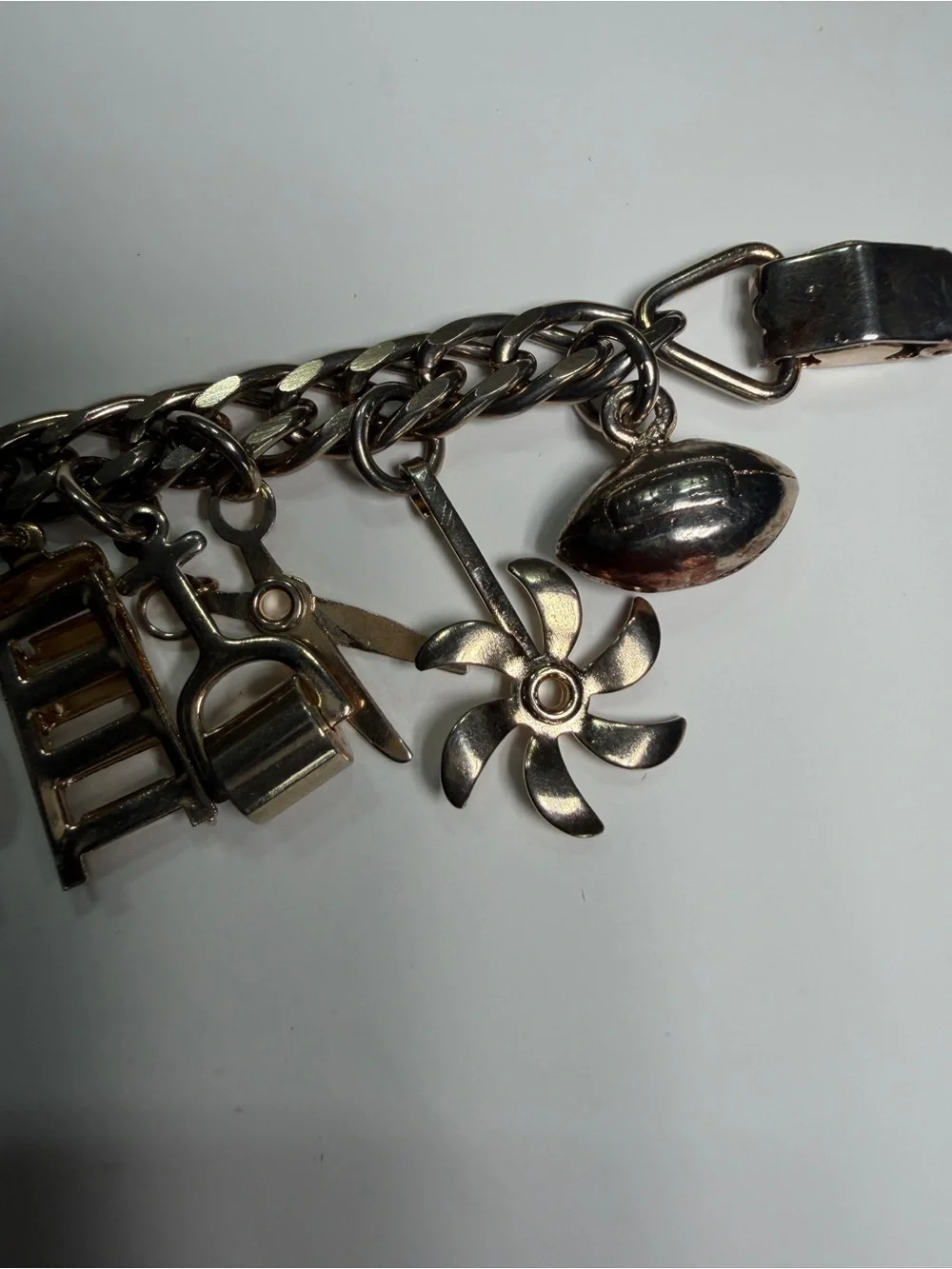 Vintage 1950s Gold Tone Charm Bracelet Keys Diary Globe Mid Century Estate