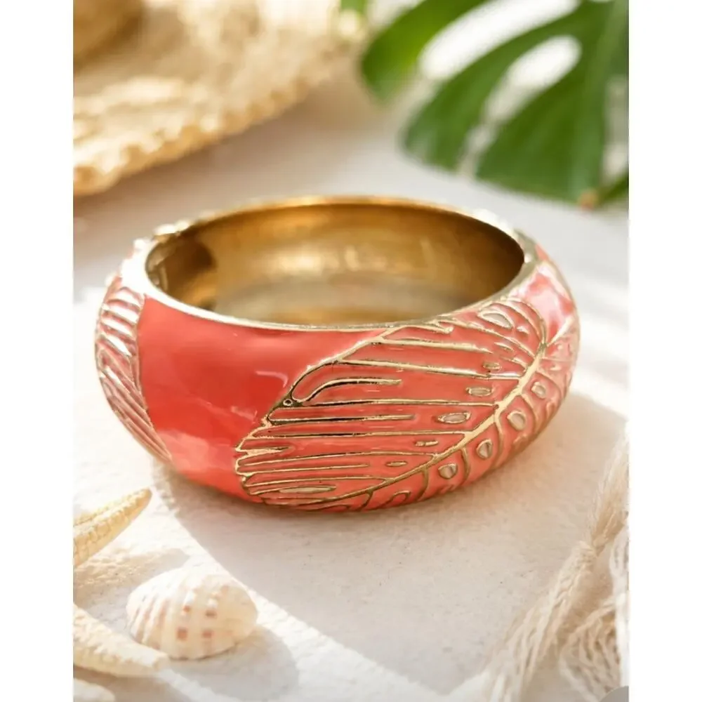 Sequins Pink Gold Monstra Palm Leaf Hinge Bracelet New