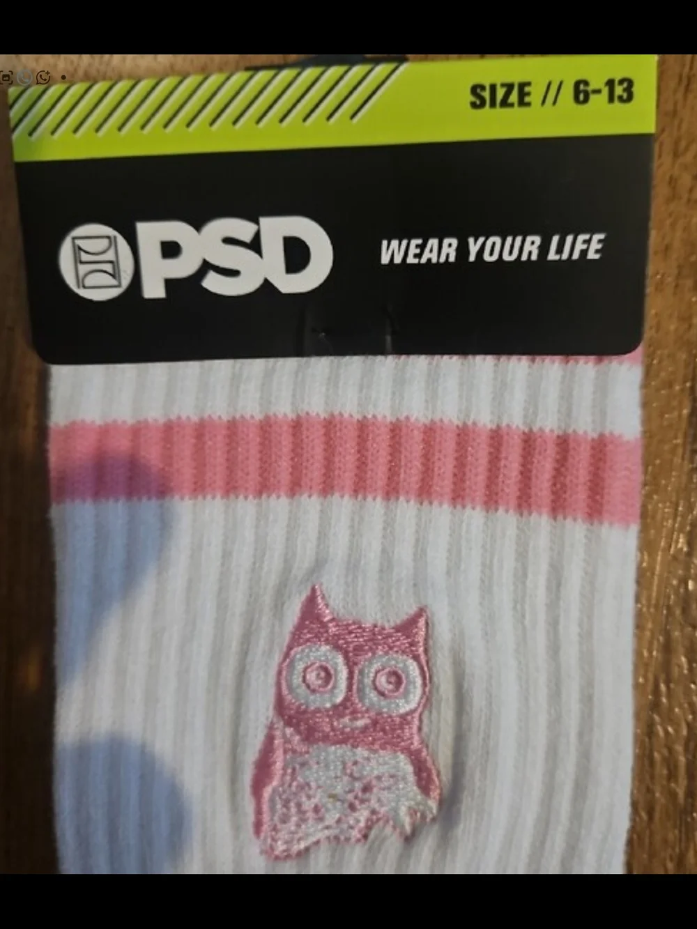 PSD White Crew Socks with Pink Owl and Accents