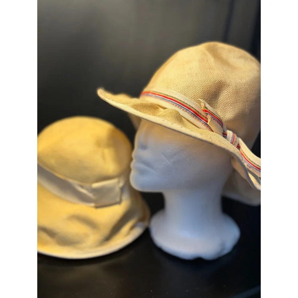 Vintage Miss Bierner Originals Straw Bucket Hat Set Tan Striped Ribbon Bow 2pc