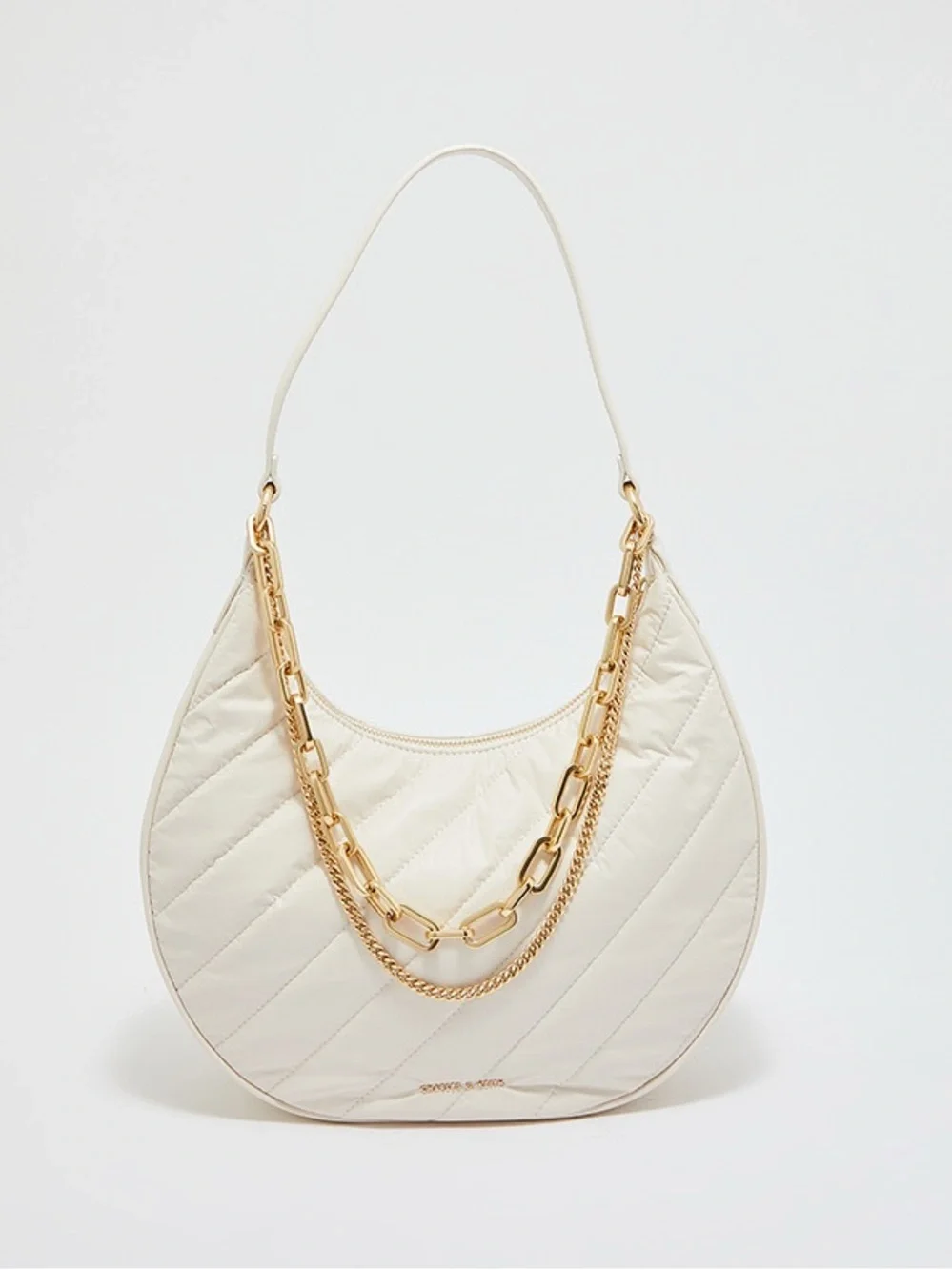 Charles & Keith Cream Quilted Crescent Bag with Gold Chains