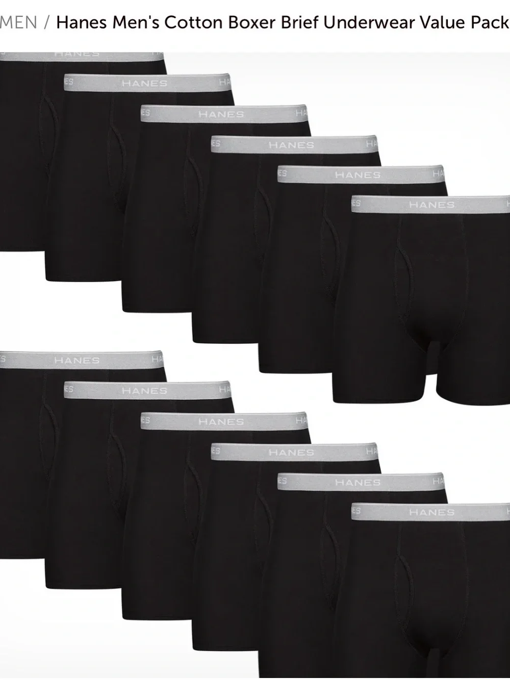 XL 12 pack, Hanes Black Boxer Briefs with Gray Waistband