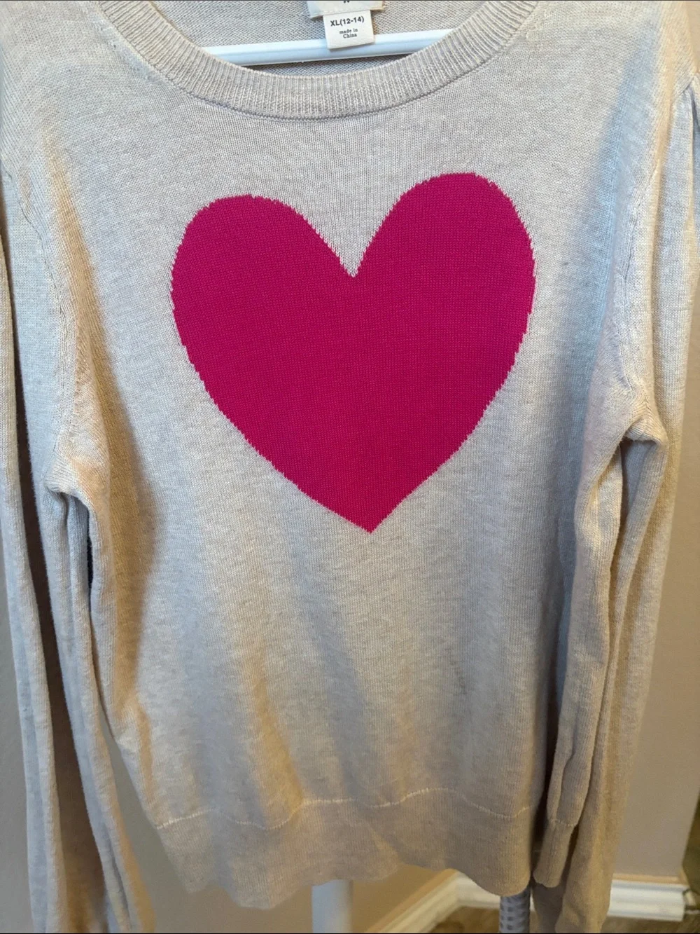 Crewcuts Beige Sweater with Bright Pink Heart Graphic