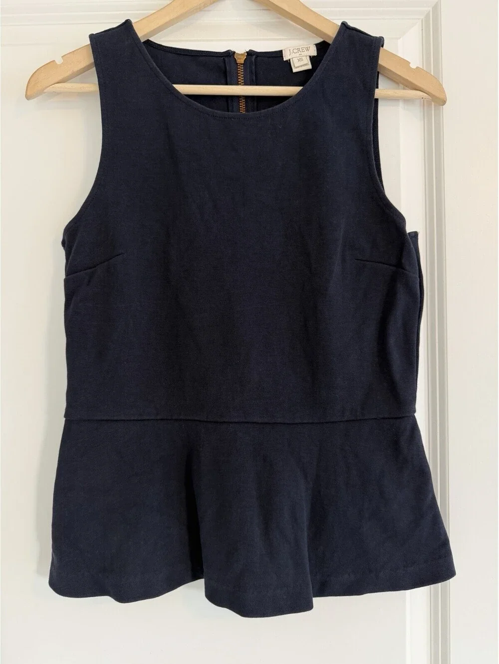 J.Crew Navy Peplum Sleeveless Top with Gold Zip Size XS Chic Preppy Classic