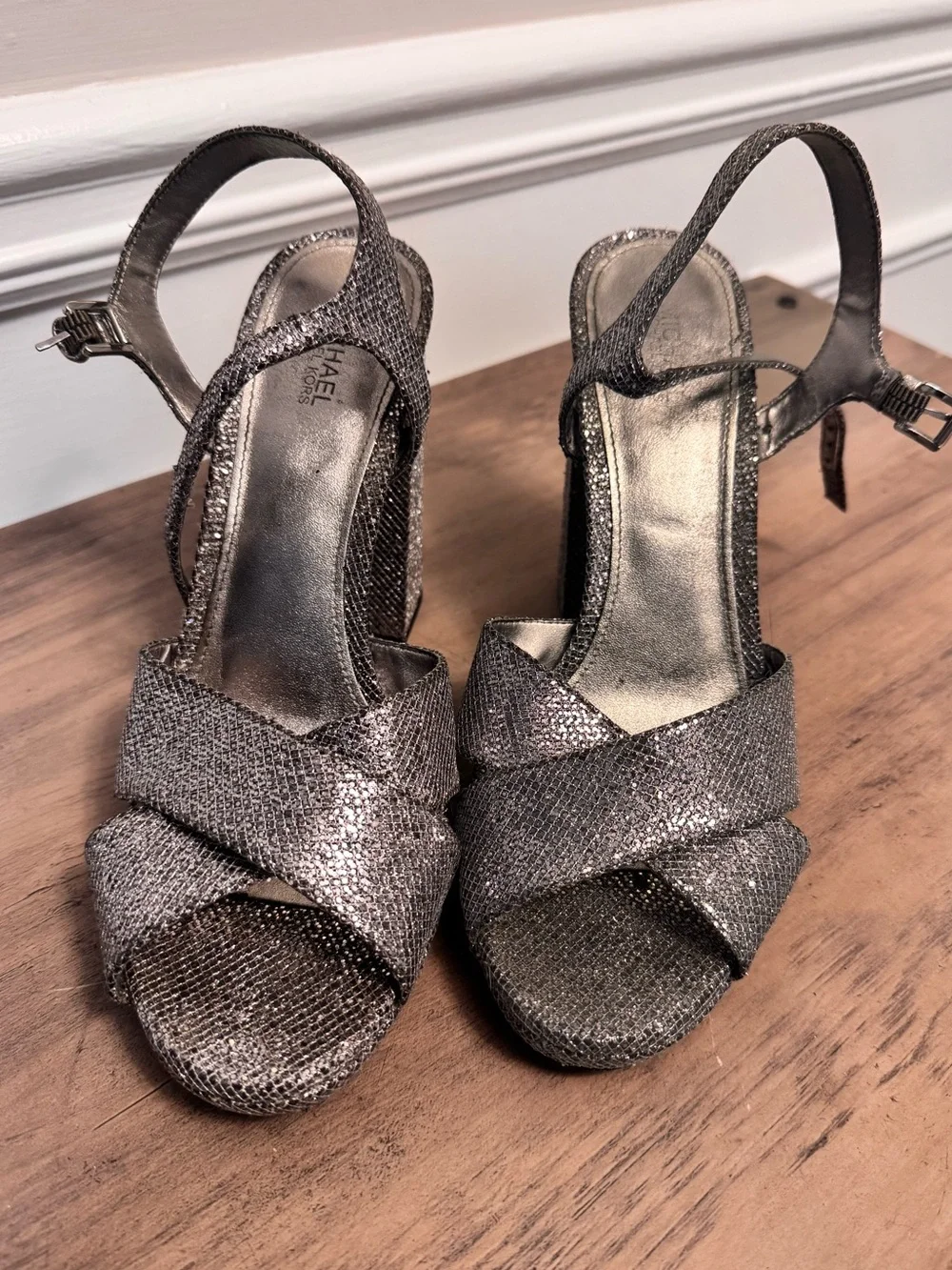 Michael Kors Gunmetal Cross-Strap Slingback Heels SZ 9