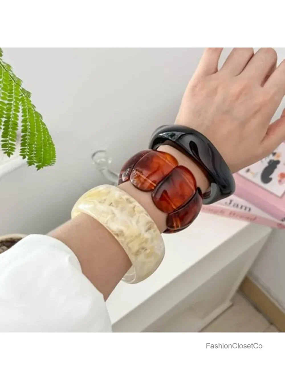 3 Pcs Acrylic Resin Bangle Set Wide Cuff Unisex Stretch Bracelets