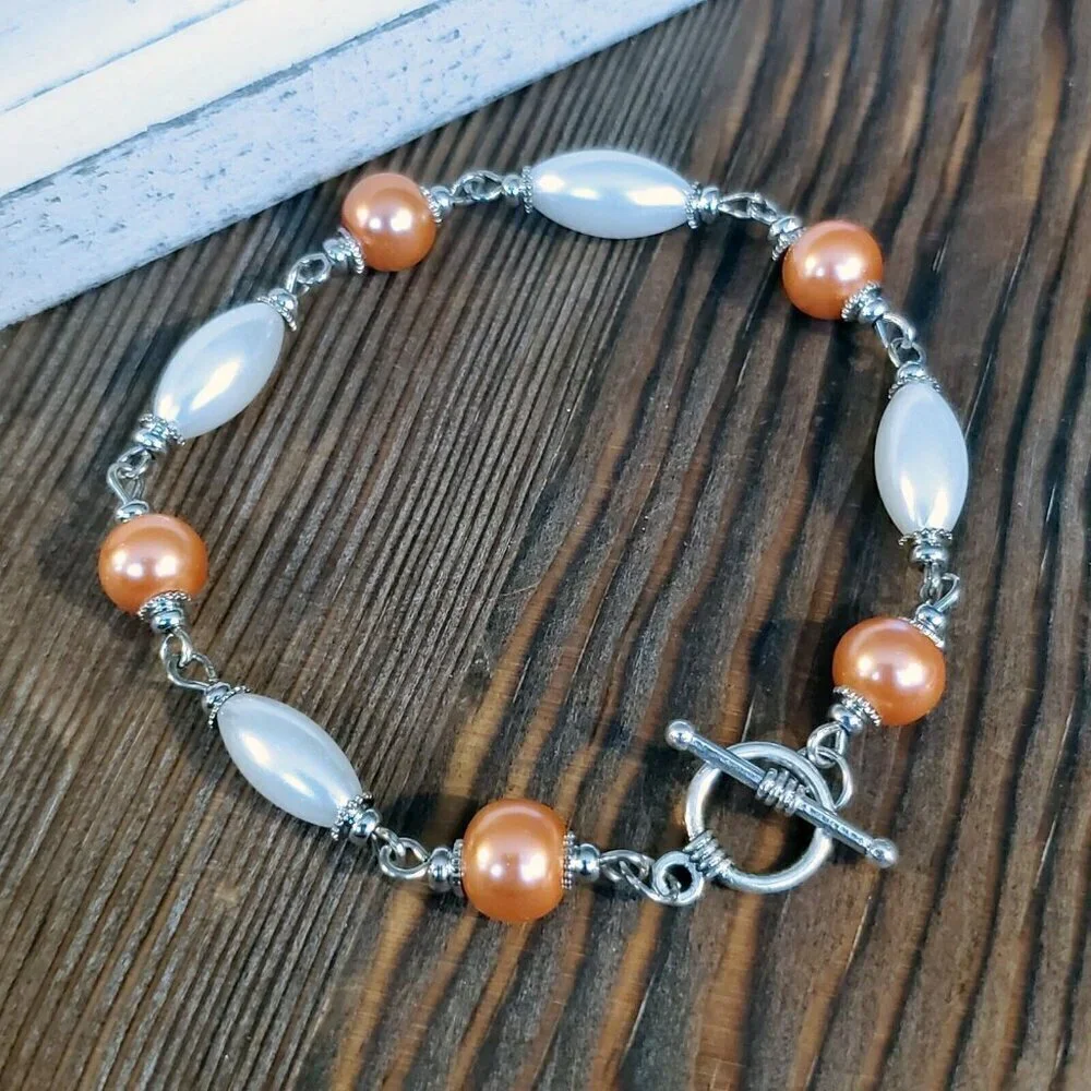 Glass Pearl Bracelet Silver White Orange Peach