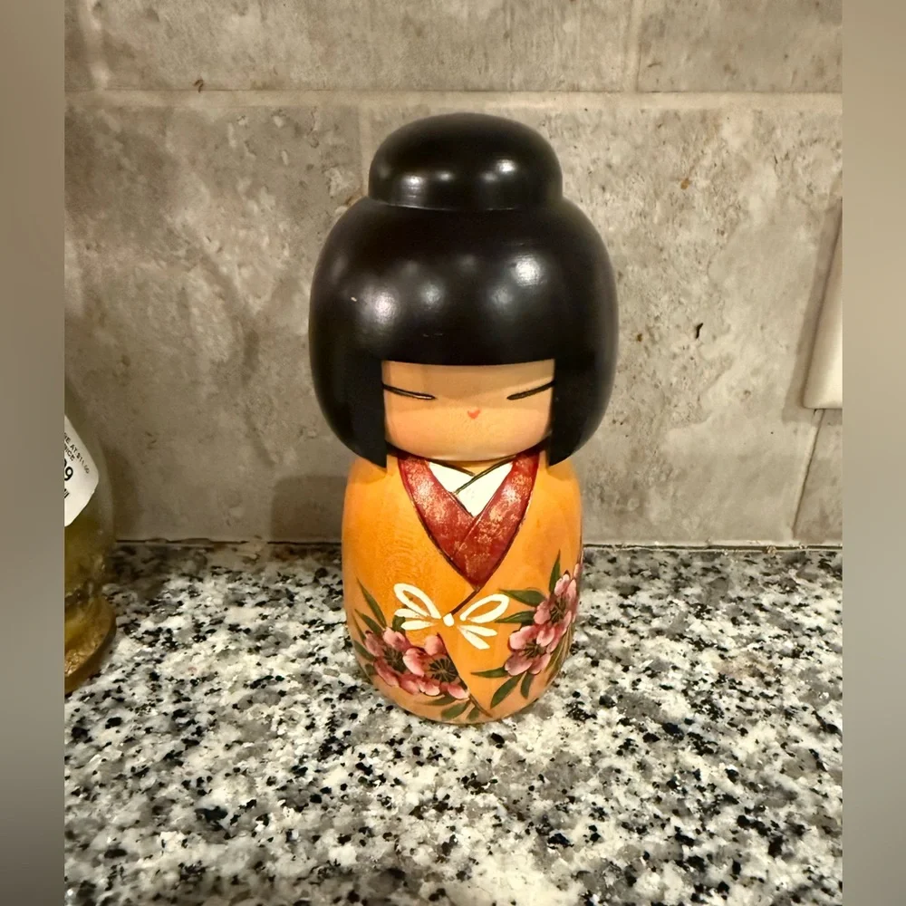 Japanese Kokeshi Doll Figurine in Orange and Black made in Japan