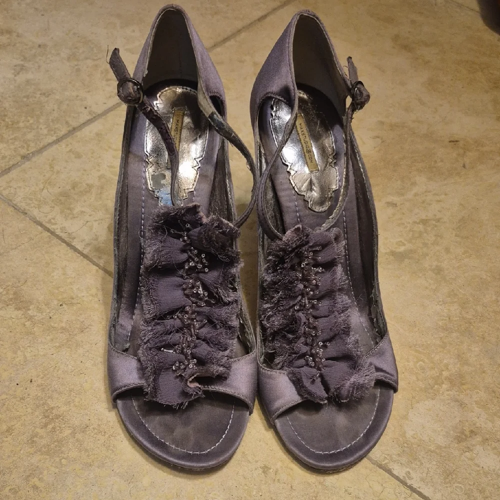 MAX STUDIO satin Beaded Chiffon Ankle Strap Heels 6.5 Dusty Lilsc Open Toe Shoes