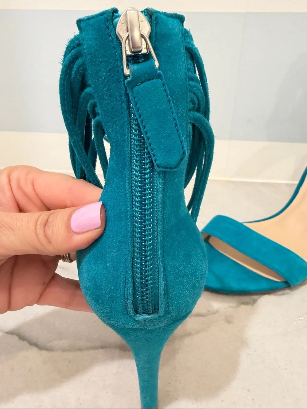 LK Bennett Teal Suede Ankle Wrap Heels Made in Spain 40 (US 8.5/9) NWOT