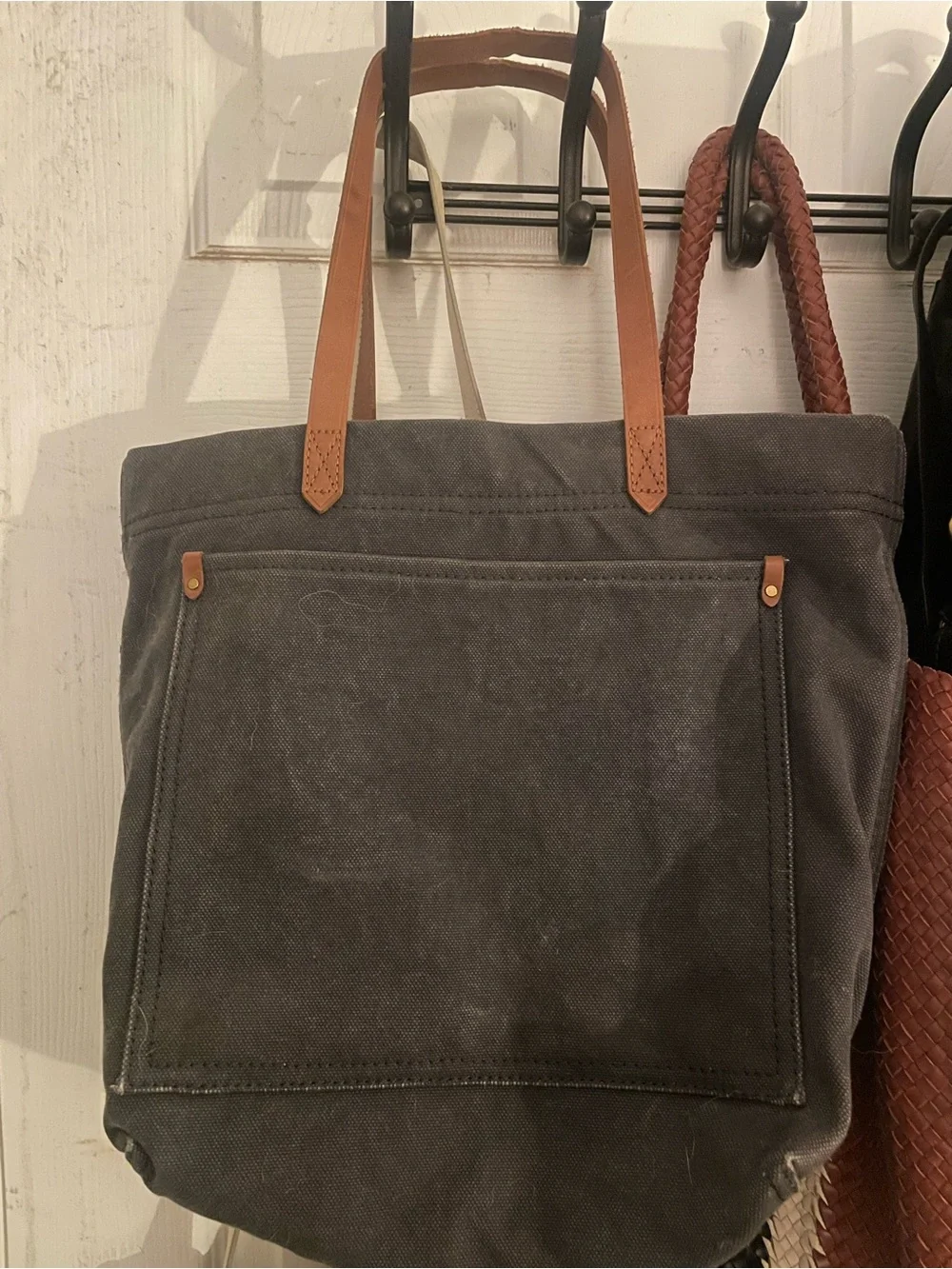 Madewell Charcoal Canvas Tote with Tan Leather Handles