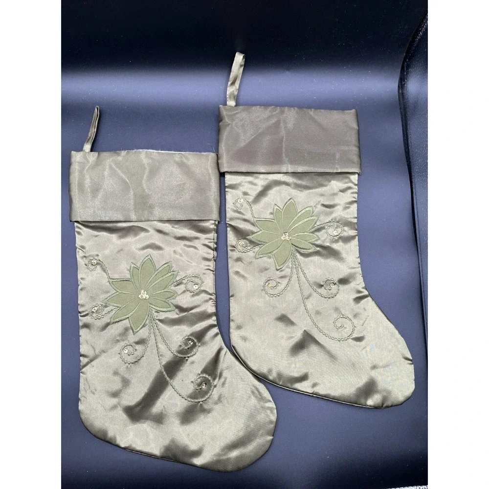 Set of 2 Christmas Stocking Satin Sage Green Poinsettia Beaded Holiday 16