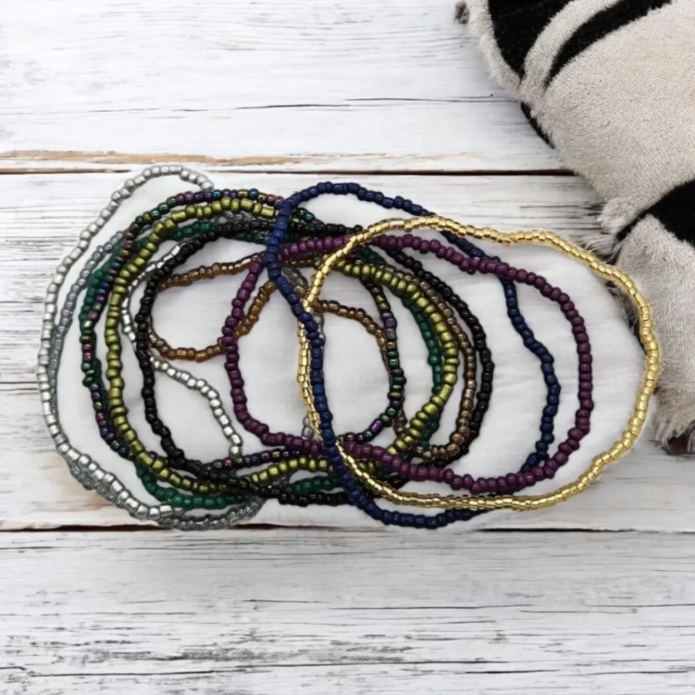 Mixed Metallic Seed Bead Bracelet Set 10 Pack Stretch Stacking Boho Jewelry Set