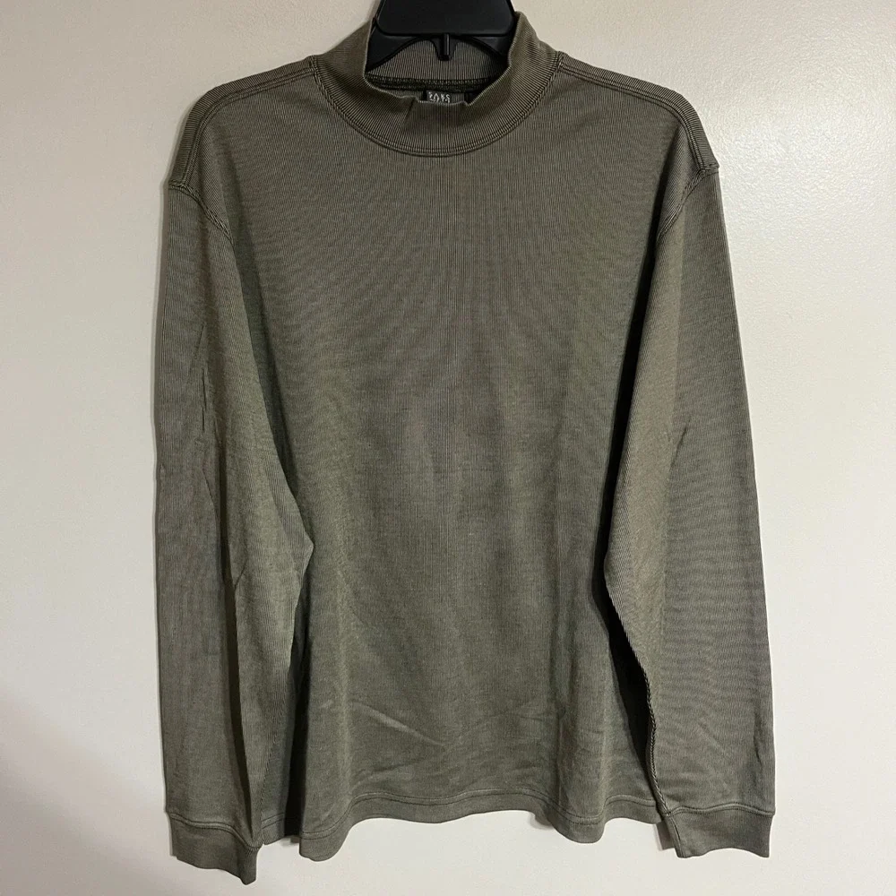 Saks Fifth Avenue Mens Silk Cotton Mock Neck Sweater Olive Green Ribbed Size M‎