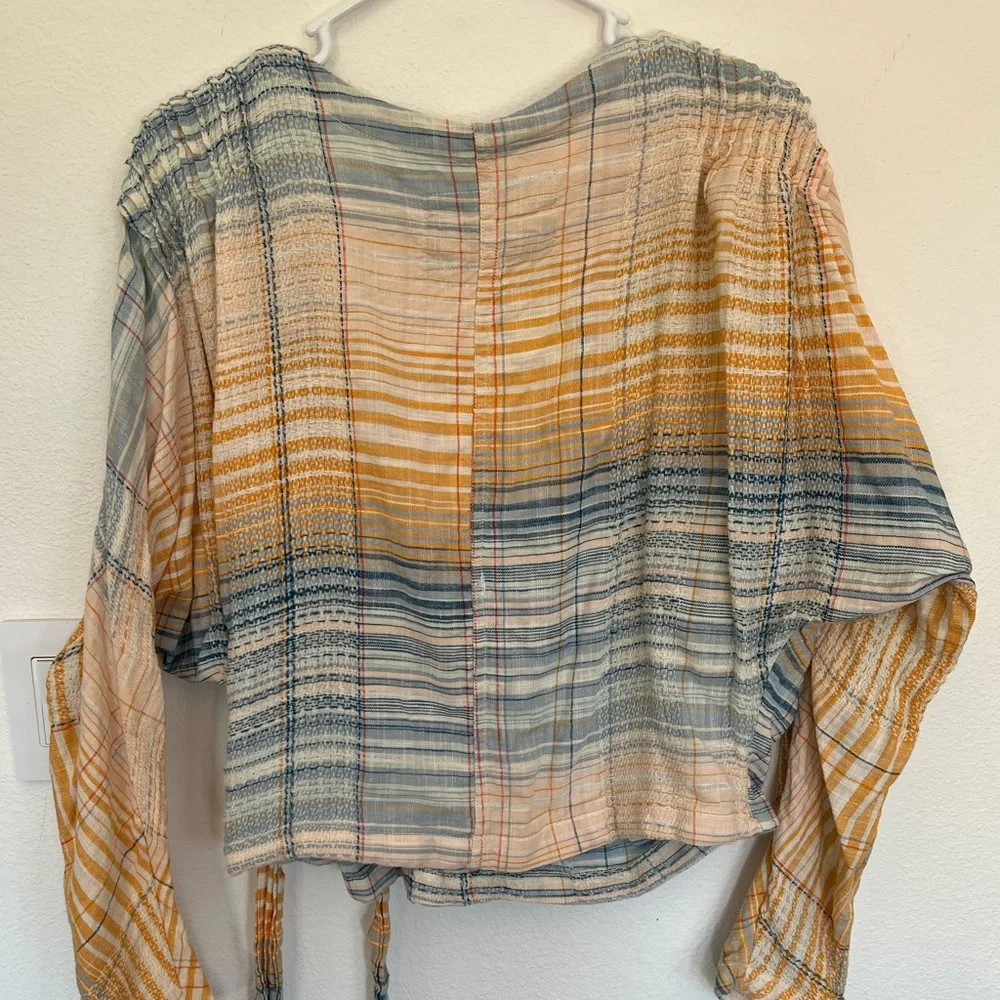 Lightweight Striped Wrap Blouse in Yellow & Blue
