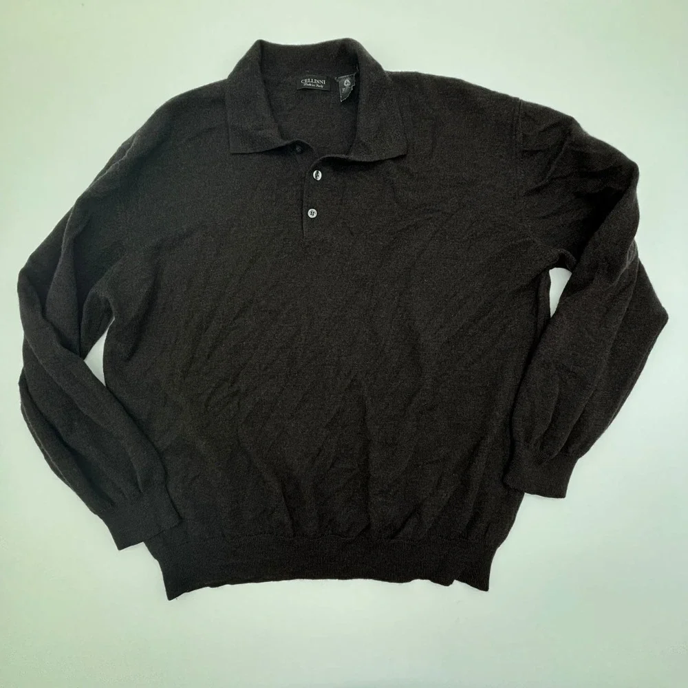 Cellinni Men's XXL 100% Pure New Wool Fine Merino Long Sleeve Polo Sweater Black