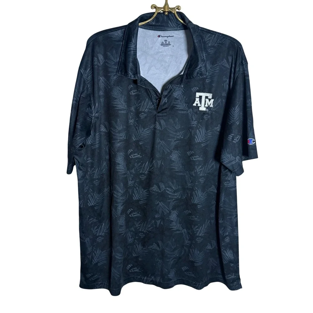 Champion Texas A&M Aggies Mens 2XL‎ Black Tropical Palm Print Polo Shirt NCAA