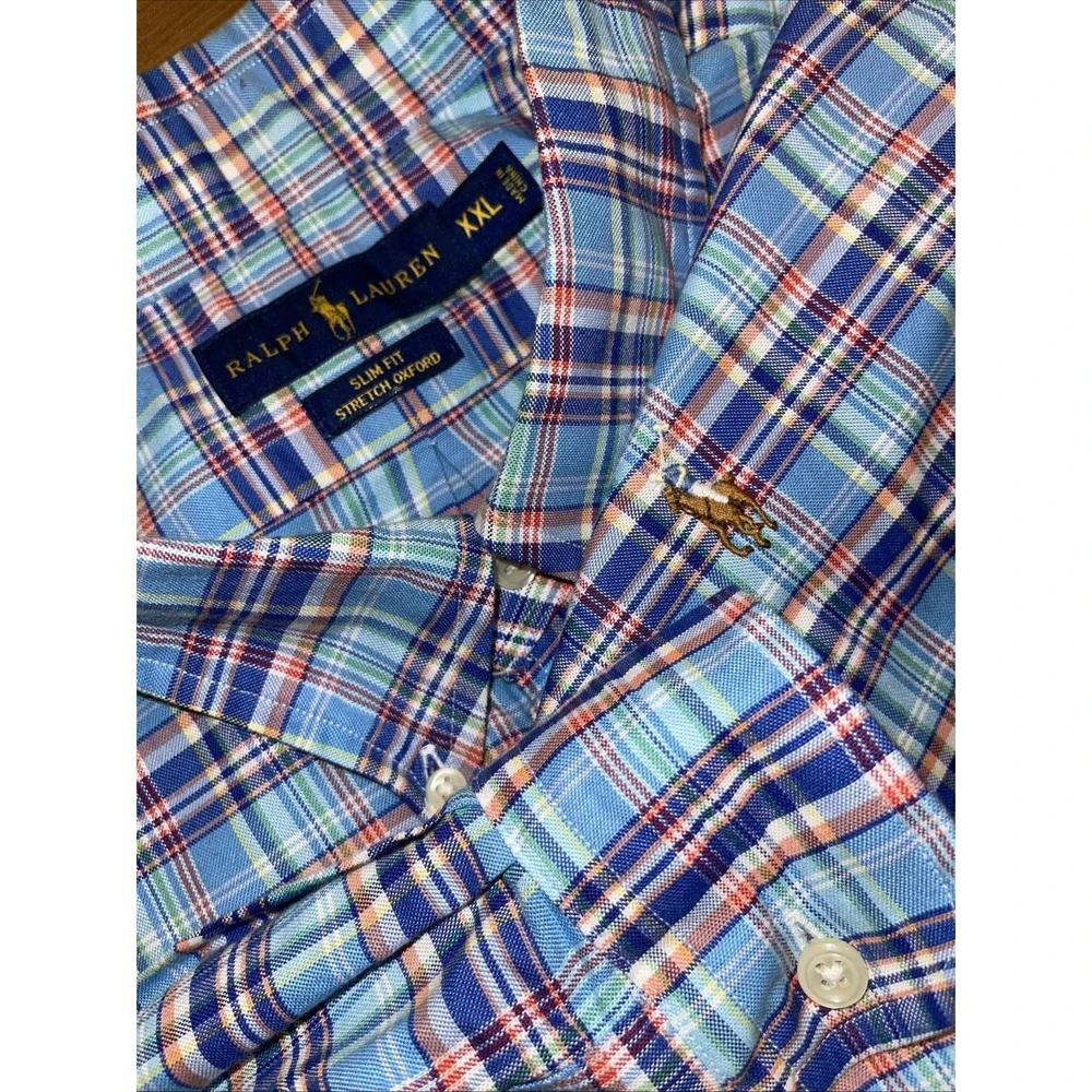 Ralph Lauren Flesh‎ Pony Slim Fit Stretch Oxford Men XXL Blue Plaid Long Sleeve