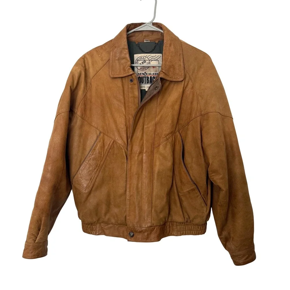 VTG 90s Leather Bomber Jacket L Tan Flight Aviator Rugged Streetwear‎ Gorpcore