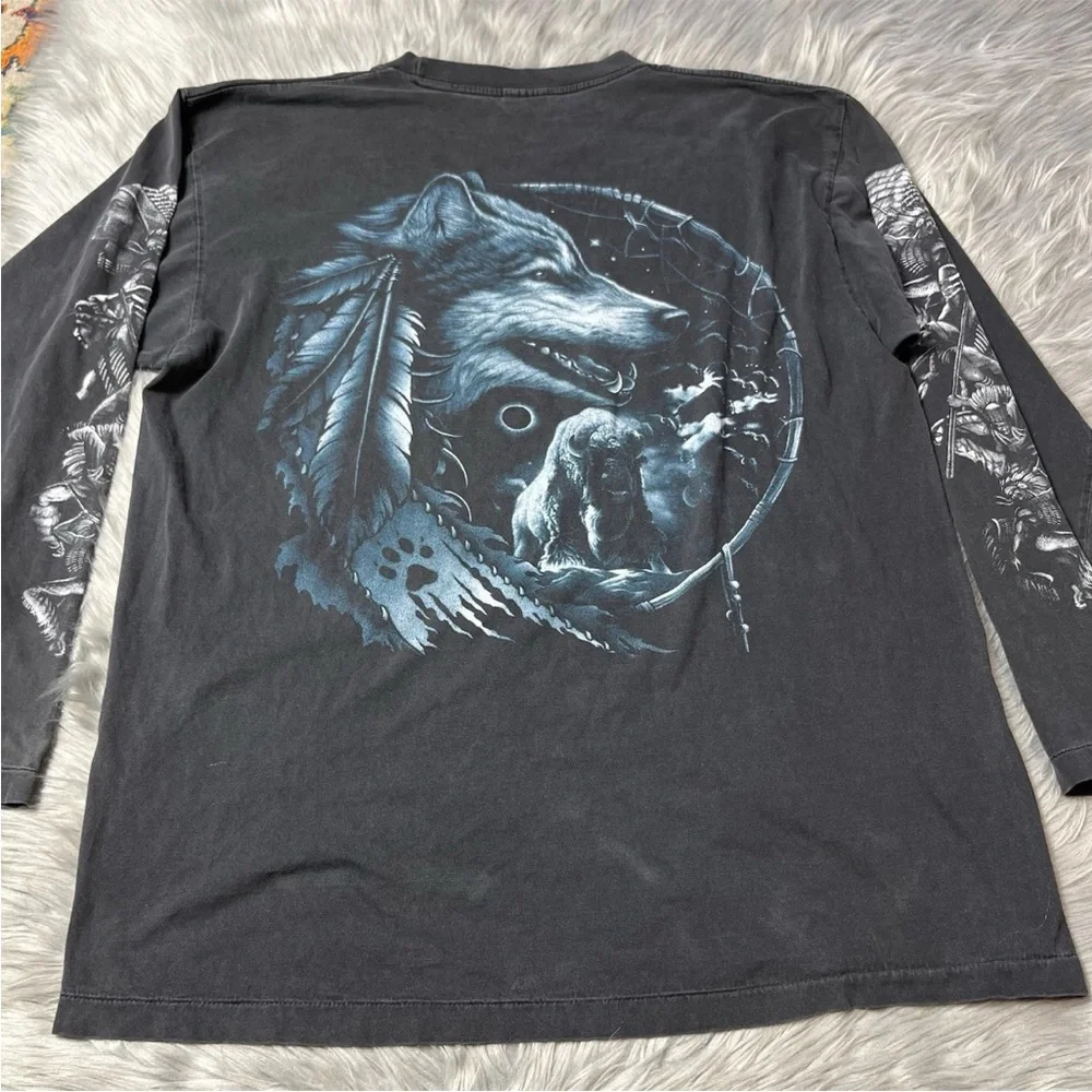Vintage 90s Black Wolf Native American Long Sleeve Shirt Single Stitch