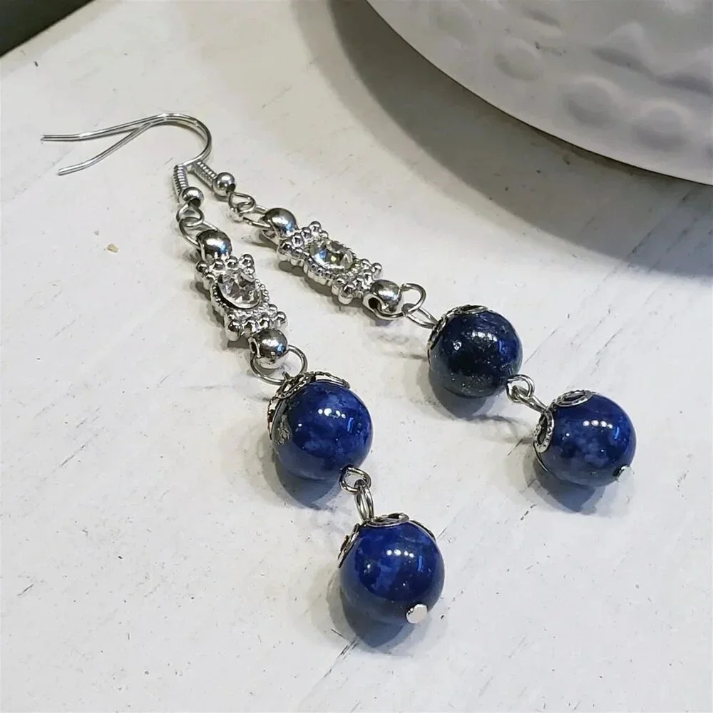 Handcrafted Lapis Lazuli Gemstone Lacy Silver Clear Crystal Dangle Earrings