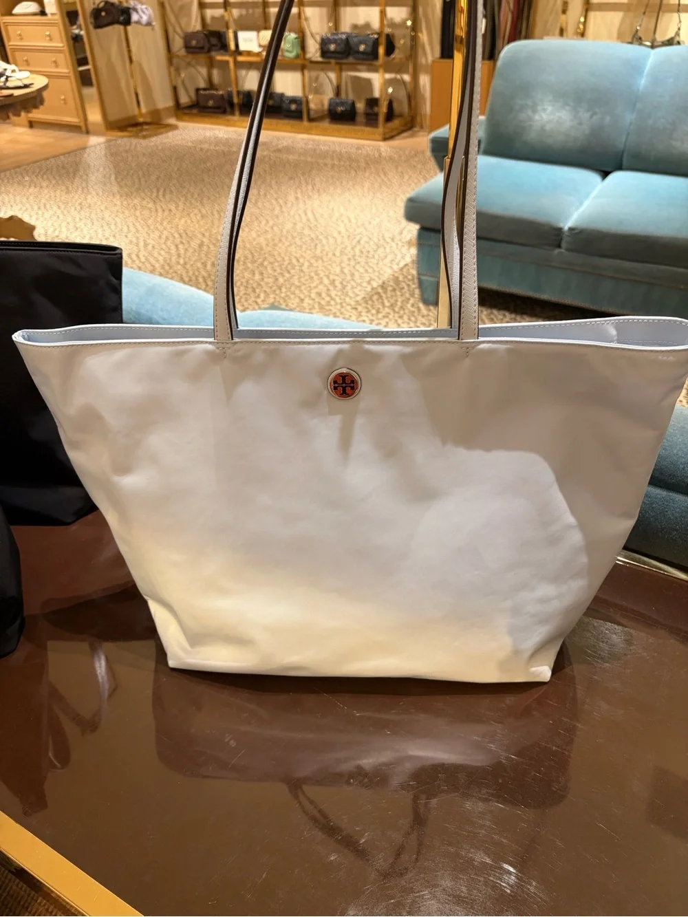Tory Burch Nylon sky blue Tote Bag Zip Closure Logo Accent Gold in large size